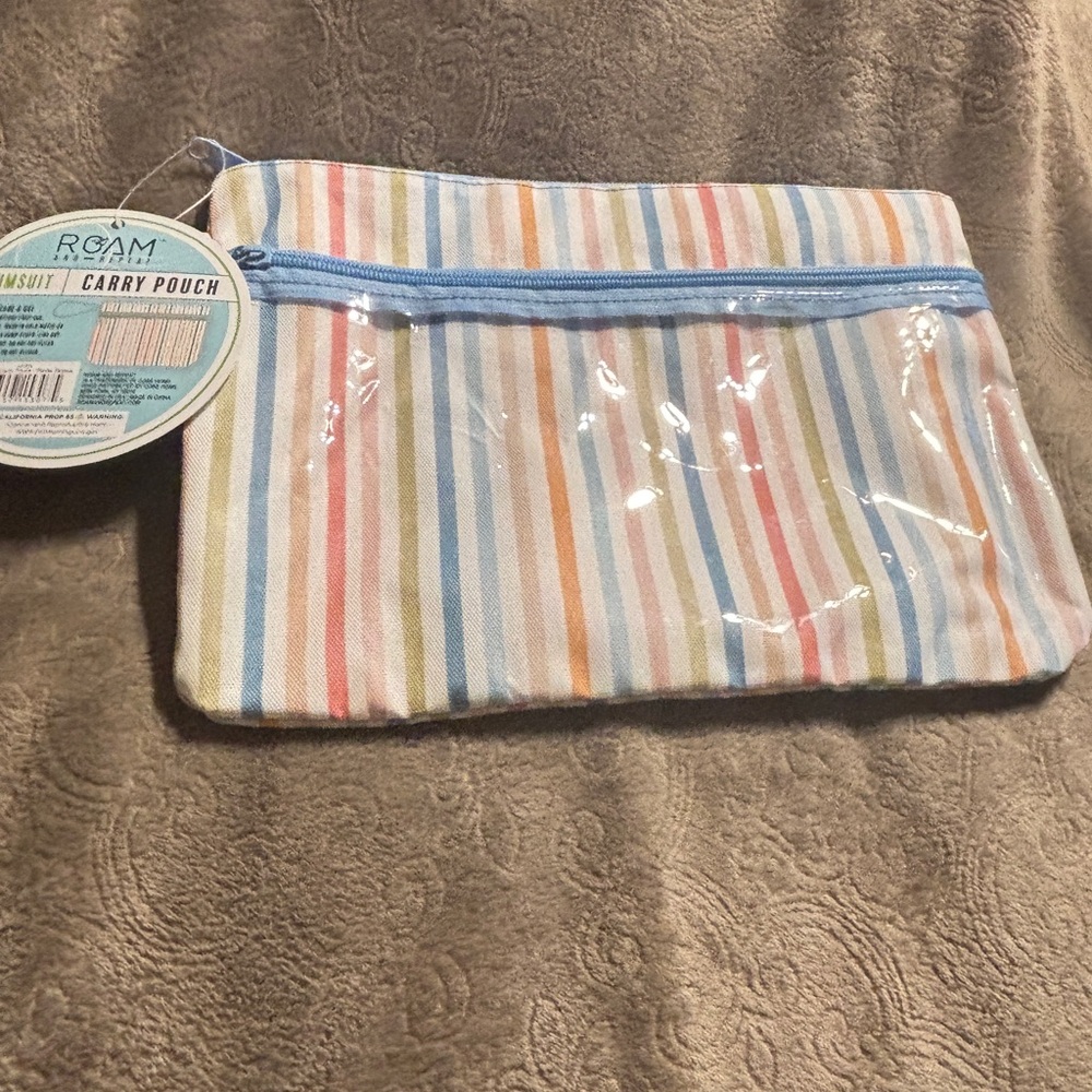 ROAM & Repeat Striped Swimsuit or makeup Carry Pouch with Blue Accents. New